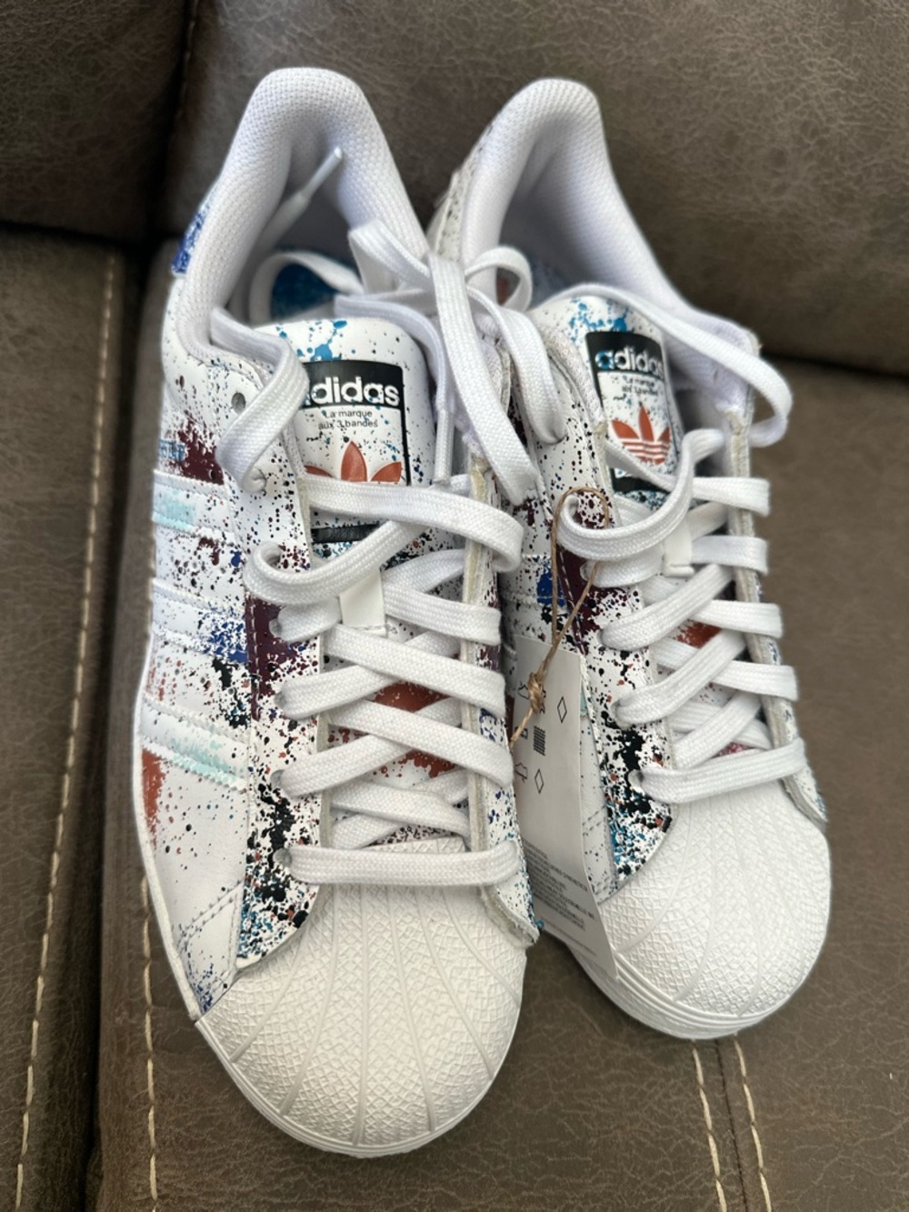adidas White Sneakers with Blue, Black and Brown Paint Splatter